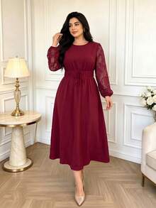 Gaun Tunik Burgundy Ukuran Plus Wanita dengan Lengan Panjang Bordir, Gaun Formal Musim Gugur Panjang Midi Model A-Line - Merah - View 5