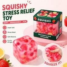 1pc Strawberry Acai Lemonade Pink Ice Cube Squeeze Toy, Super Durable TPR Slow Rising Stress Relief Toy, Soft Sensory Squeeze Toy For Anxiety Relief, Suitable For Children And Adults - Multicolor - View 4