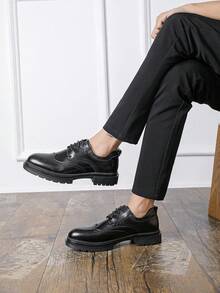 Men's New Round Toe Breathable British Style Thick Sole Height Increasing Lace-Up Casual Daily Work Business Leather Shoes - Black - View 6
