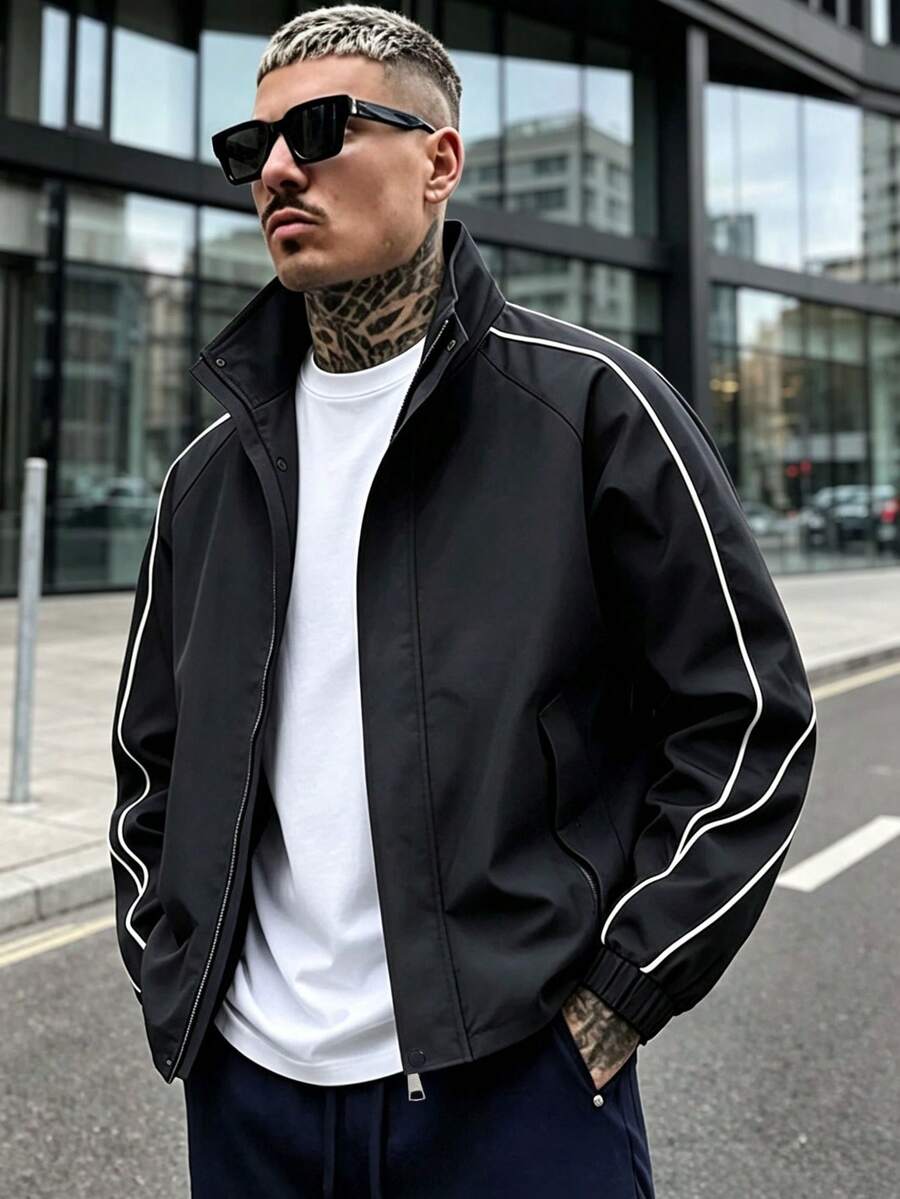 Men's Casual Fashion Striped Colorblock Zipper Jacket For Outdoor Hiking - Black - View 1