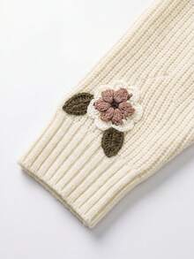 VIBEWAVE Off-White V-Neck Single-Breasted 3D Floral Embroidered Loose Short Knit Cardigan Women Gentle Pastoral Style Spring/Autumn Outerwear Top - White - View 8