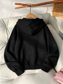 Tween Girl "SLAY" Print Hooded Zip-Up Sweatshirt, Casual Long-Sleeve Jacket, Comfortable And Soft Fabric, Suitable For Daily Autumn And Winter Wear. - Black - View 2