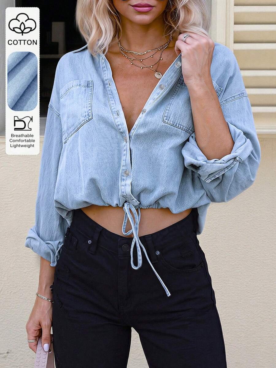 European And American Cross-Border Autumn/Winter New Fashion Casual Versatile Double Pocket Loose Shirt; Cinched Waist Washed Denim Shirt Top - Light Wash - View 1