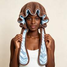Cute Rabbit Ear Sleep Cap, Plush Fleece Satin Lining Night Hair Bonnet, Adjustable Tie Hair Protection Cap, Suitable For Home Nighttime Sleep - A - View 3