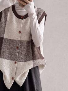 Women's Autumn/Winter Minimalist Casual Color Block Design Round Neck Sweater Cardigan Vest Fall - Rice Palm - View 5