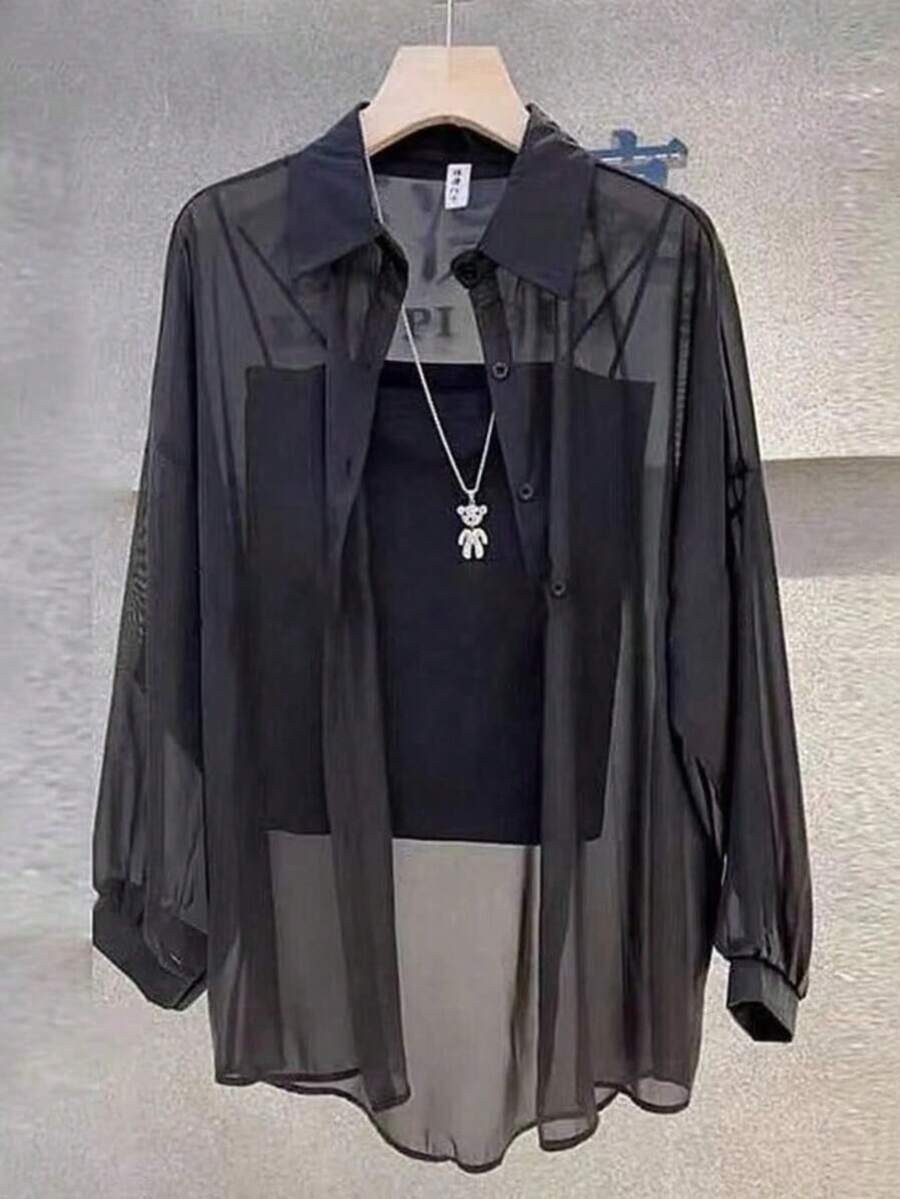 Plus Size Women's Solid Color Front Button Rolled Sleeve Chiffon Blouse, Lightweight Breathable Elegant Office Party Spring Summer Top - Black - View 1