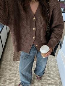Women's Casual Elegant Heart Gold Button Open Front Solid Color Cable-Knit Drop Shoulder Knitted Sweater Cardigan Top Long Sleeves Office Fall - Brown - View 7