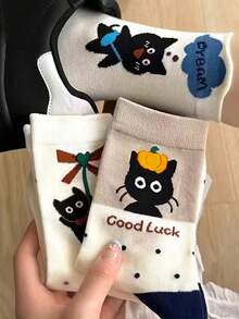 1/4/10 Pairs Lucky Cat Pattern Personalized Mid-Calf Socks, Suitable For School, Couples, Daily Wear, Autumn/Winter - Multicolor - View 5