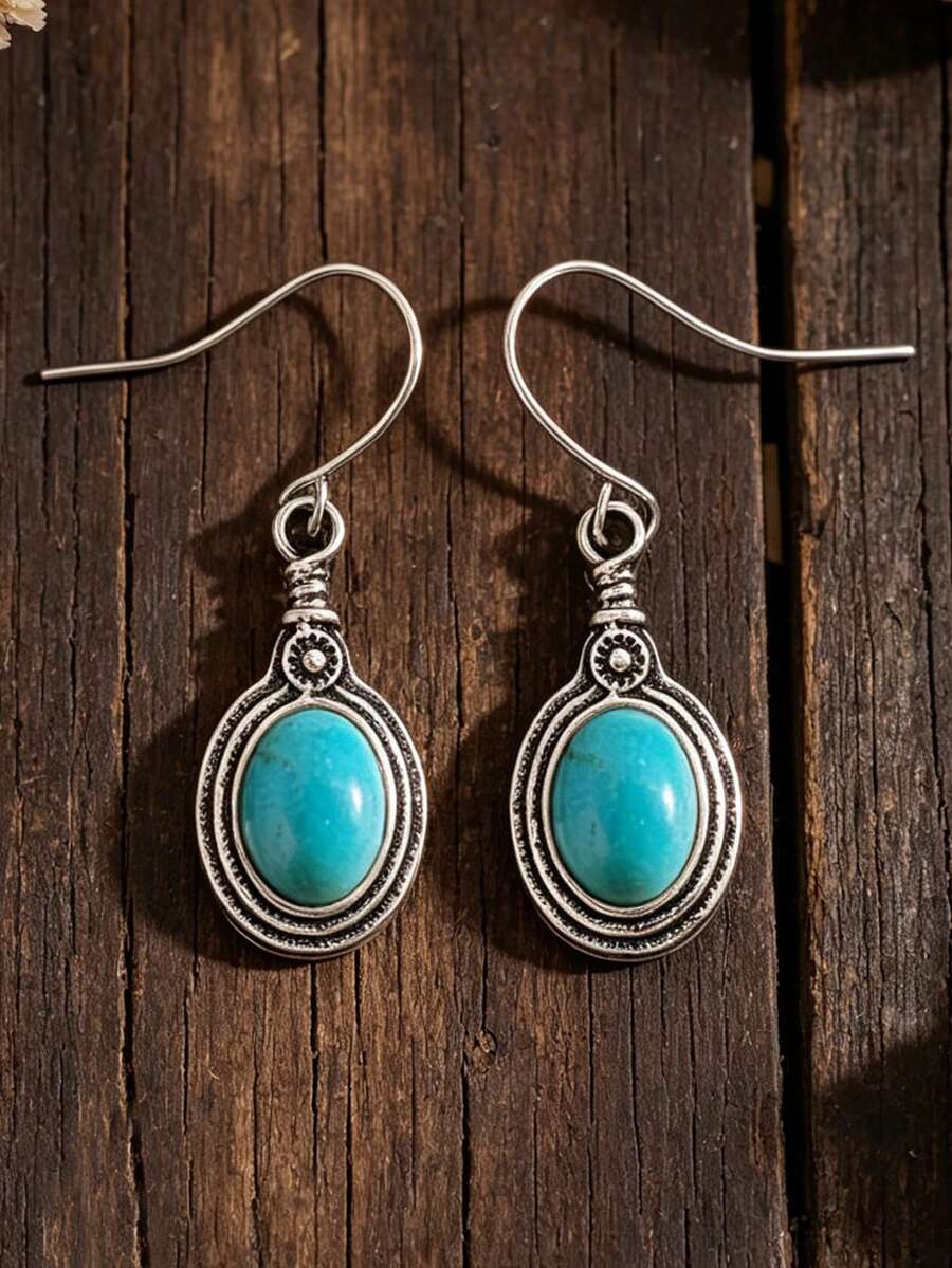 1 Pasang Anting-Anting Paduan Logam Kecil Liontin Bulat Batu Turkuois Buatan Gaya Bohemian - Perak - View 1