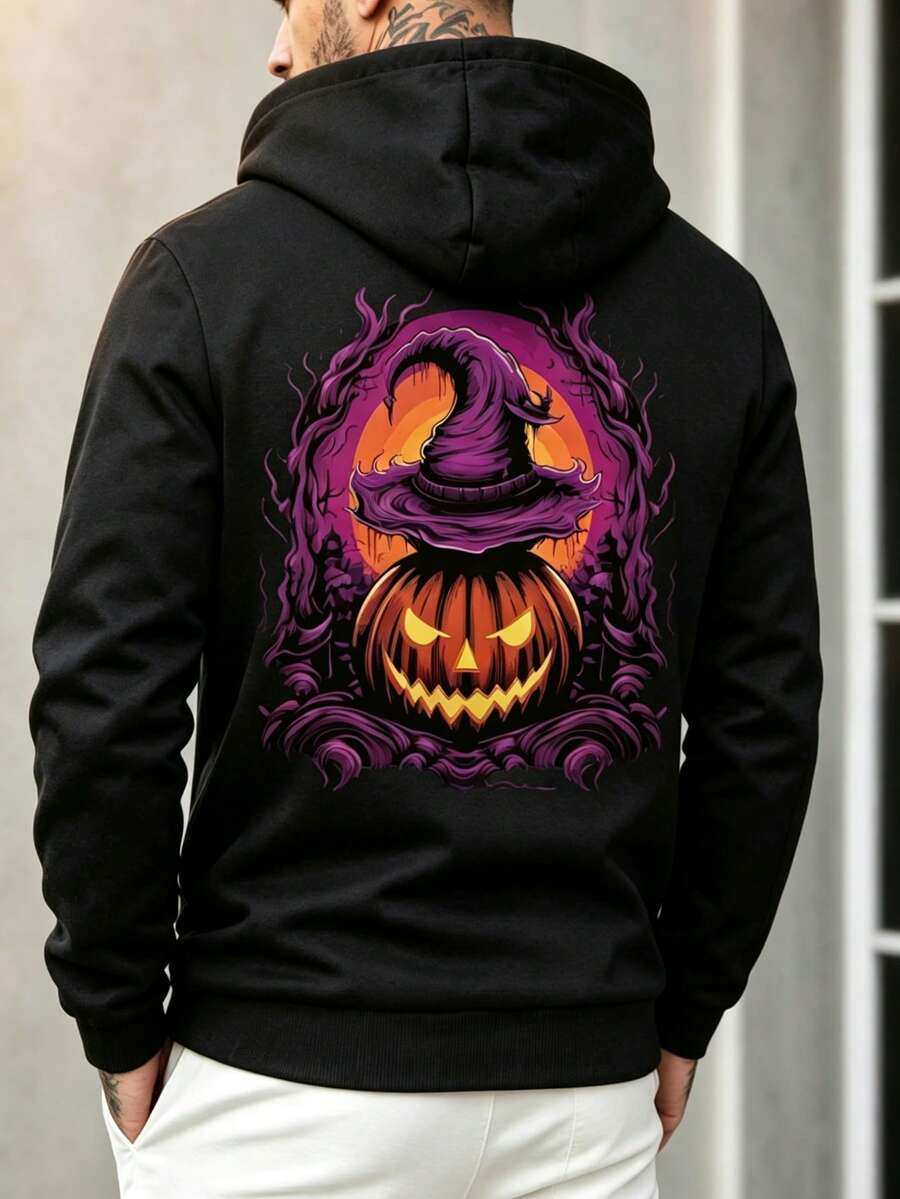 Men's Halloween Pumpkin Print Drawstring Hoodie - Black - View 1
