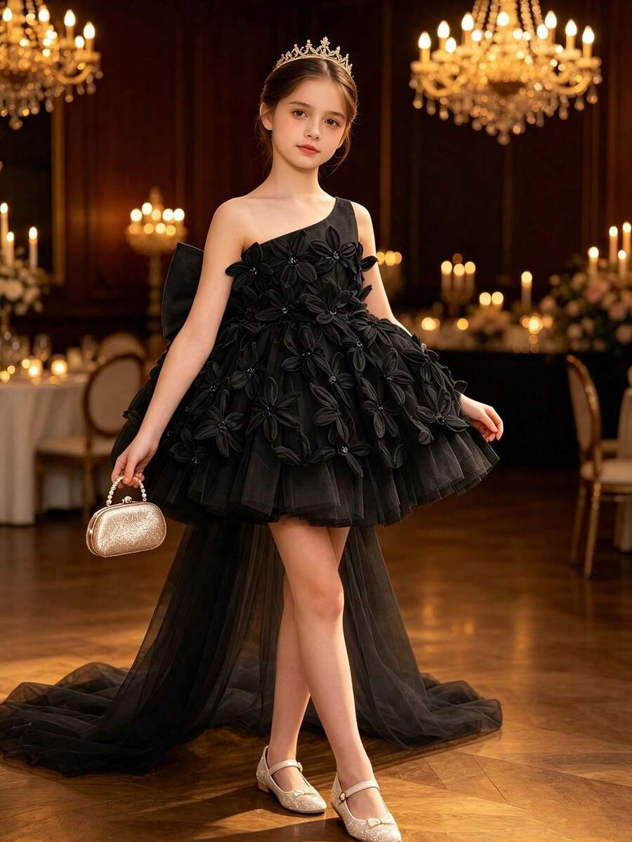 Girls' Elegant Big Bow Sequin Floral Applique One Shoulder Detachable Train Formal Dress, Princess Gown For Birthday Party, Wedding, Flower Girl, Party, Evening Gala, Stage Performance, Graduation Prom
