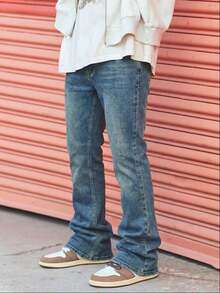 Vintage Blue-Green Distressed Micro-Flare Stretch Denim Jeans For Men, Retro Cat-Whiskers Faded Wash Leg-Flattering Niche Style Long Pants, Versatile For Daily Commute And Streetwear - Navy Blue - View 1