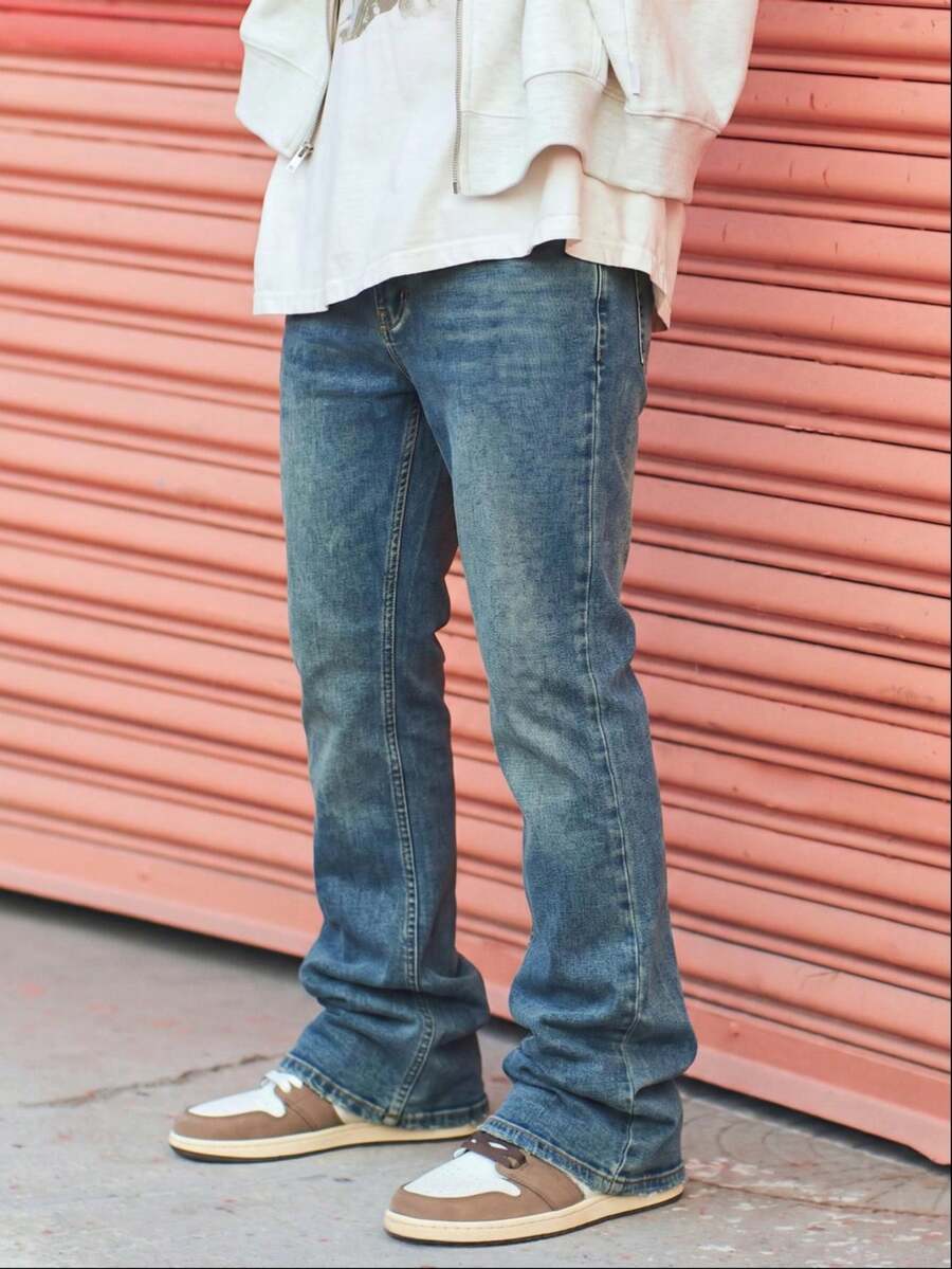 Vintage Blue-Green Distressed Micro-Flare Stretch Denim Jeans For Men, Retro Cat-Whiskers Faded Wash Leg-Flattering Niche Style Long Pants, Versatile For Daily Commute And Streetwear - Navy Blue - View 1