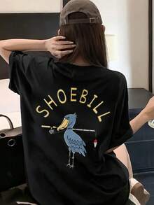 Women's Casual Loose Round Neck Letter & Cartoon Bird Print Short Sleeve T-Shirt, Versatile For Summer Black - Black - View 1