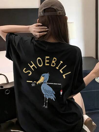 Women's Casual Loose Round Neck Letter & Cartoon Bird Print Short Sleeve T-Shirt, Versatile For Summer Black