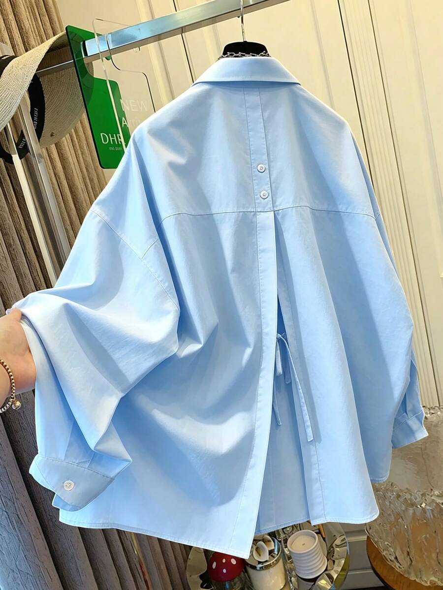 Women's Loose Fit Shirt With Back Tie, Suitable For Commuting, Casual Versatile; Outdoor Beach; Vacation - Baby Blue - View 1