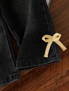 Baby Girl Spring/Autumn Fresh Pastoral Style 2-Piece Set Textured Striped Ruffle Trim Hem Cinched Waist Round Neck Pullover Top + Bow Decor Black Gray Denim Gradient Straight Leg Long Pants - Yellow - View 9