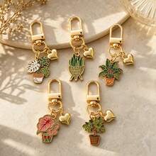 1pc/5pcs Unisex Alloy Oil Drop Bonsai Plant Pendant Keychain 3D Heart Charm Plant Series Bag Accessory,Bag Charms - Multicolor - View 11