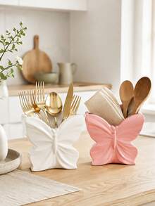 1pc Butterfly Resin Utensil And Napkin Holder, Multifunctional Tabletop Organizer For Cutlery, Wooden Spoons And Linen Napkins, Cute Kitchen Counter Decor - Multicolor - View 3