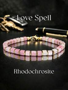 Cute Style Rhodonite Square Bead Love Spell Bracelet, Handmade Natural Stone Skin-Friendly Jewelry, Suitable For Daily Wear And Valentine's Day Gift - Pink - View 1