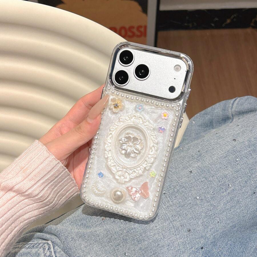 1件法式復古立體珍珠浮雕花卉手工珍珠邊框手機殼,適用於 Apple 17 Pro Max/11/12/13/14 Plus/15/16 Pro - 白色 - 查看 1