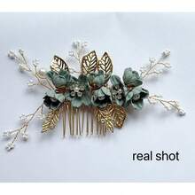 1pc Vintage Gold Wire Light Green Flower Faux Pearl Beaded Handmade Hair Comb Headpiece, Boho Bridal Headdress, Suitable For Weddings, Bridesmaids, Galas, Birthday Parties, Summer - Green - View 6
