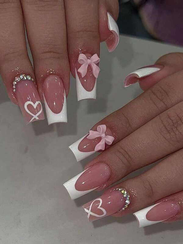 24 Peças Unhas Postiças Médias em Formato de Caixão, Laço Rosa com Coração e Strass, Estilo Francês Romântico, Adequado para Mulheres e Meninas, Unhas com Laço para o Dia dos Namorados, Suprimentos para Unhas