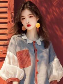 Women Color Block Blouse Scalloped Collar Puff Sleeve Vintage Mori Girl Style Casual Loose Fit Button Up Top Linen Look Retro Cute Shirts - Multicolor - View 3