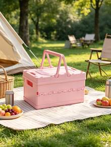 Collapsible Storage Box With Handle, Foldable Plastic Bin For Home Organization And Car Trunk, Space-Saving, Convenient, Easy To Carry. Small Slatted Storage Basket With Lid, Foldable Plastic Slatted Box Space-Saving Portable Outdoor Fruit & Vegetable Picnic Basket (Black, Pink, Small) - Multicolor - View 5