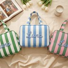 1pc Personalized Striped Makeup Bag, Customized Name Cosmetic Storage Bag, Large Capacity Travel Toiletry Bag With Handle And Hook, Portable Women's Wash Bag - Multicolor - View 3