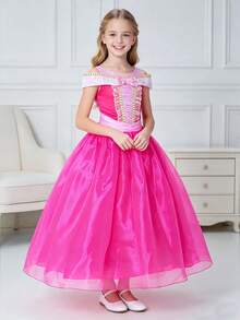 Young Girl Colorblock Pleated Cute Dress, Suitable For Party And Banquet - Hot Pink - View 5