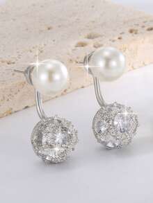 jealous young 1pair High-End Unique Faux Pearl & Cubic Zirconia Ball Drop Earrings, Elegant 2-In-1 Detachable Jewelry For Banquet, Party, Birthday Gift & Daily Wear - Silver - View 10