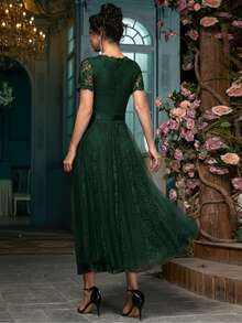 Women's Sweetheart Neckline Lace Flowy Mesh Cocktail Party Dress Fall - Dark Green - View 4