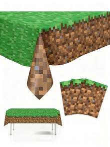 1pc Pixel Grass Map Pattern Disposable Rectangular Tablecloth, Party Birthday Decoration, Waterproof Oil-Proof, Green Lawn Tablecloth - Multicolor - View 1