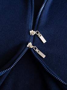 Tween Girl Casual Minimalist Solid Color Stand Collar Long Sleeve Double Zipper Knit Cardigan Sweater Jacket Suitable For Daily Casual Campus Outdoor Spring Autumn Winter - Navy Blue - View 7