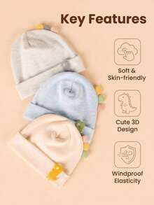 1pc Baby Dinosaur Shaped Soft Warm Knitted Beanie Hat, Full Moon/100 Days Photo Prop, All Seasons - 1PC - View 2