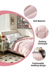 1pc Light Pink With Grey Quilted Comforter Insert, Reversible, Square Quilted, Warm Soft Fluffy, Suitable For Winter Use, Down Alternative Filling, Machine Washable - Baby Pink - View 7