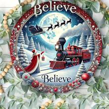 2D Flat Printed Metal Iron Sign, 1pc "Believe" Christmas Train Wreath Metal Sign, 8x8 Inches, Wall Hanging Decor, Multi-Purpose Vintage Artwork With English Text, Suitable For Home, Holiday, Door Hanging Decoration, 2D Flat - 1PC - View 3