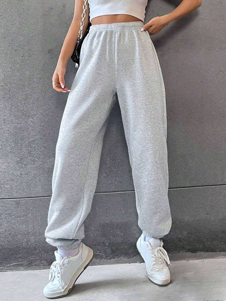1pc Teen Girls Casual Loose Sweatpants, Simple Solid Color Fleece Knit Pants, Suitable For Spring, Summer, Autumn & Winter - Light Grey - View 1