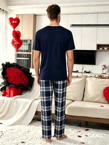 Conjunto de Pijama Unisex 2 Piezas, Camiseta de Manga Corta con Bolsillo y Pantalón Largo Estampado a Cuadros, Ropa de Dormir Casual para Hombre y Mujer - Azul Marino - Ver 3