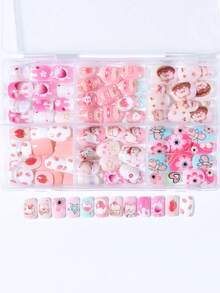 144pcs Kuku Palsu Pendek Tempel untuk Anak Perempuan, Desain Pola Kartun Lucu Warna-warni, Set Ujung Kuku Akrilik Pra-Lem untuk Menutupi Seluruh Kuku, Cocok untuk Dekorasi Kuku Anak Perempuan - MultiWarna - View 5