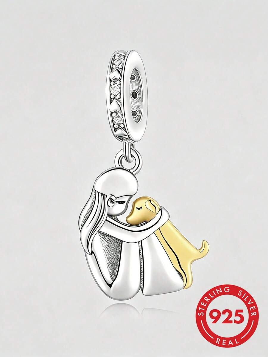 1pc 925 Sterling Silver Cartoon Dog Pendant Beaded, Unisex Pet Jewelry DIY Gift - Silver - View 1
