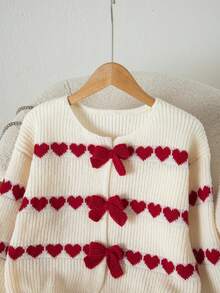 Soft Red & White Heart Jacquard Pullover Knit Sweater, Handmade Bow Tie Loose Lantern Sleeve Faux Cardigan Design Soft Fluffy Sweater Top - Apricot - View 4