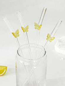 2/4pcs Yellow Butterfly Shaped Glass Drinking Straws, Suitable For Water Cups, Reusable Curved Transparent Thickened Glass Straw Tableware Set, Kitchen Accessories, Straw Caps, Cold Drinks, Milk Tea, Coffee, Bar, Home, Restaurant, Holiday Supplies, Summer - View 6
