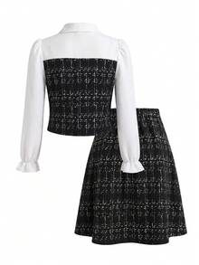 Purechapter 2pcs Tween Girls Fashion Elegant Colorblock Contrast Patchwork Open Front Lapel Collar Shirt And Bow Skirt Set, Spring/Autumn - Black - View 2