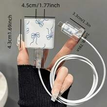 5pcs 2D Flat Design Minimalist Blue Bow Pattern Phone Charger Protection Set, Charger Head Cover + Cable Protector + Storage Rope + Data Cable Protector Spiral Wrap, Suitable For IPhone 20W/18W Charger - Multicolor - View 5