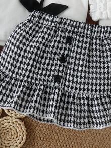 2pcs Baby Girl Spring/Autumn Set.3D Black Floral Puff Sleeve Top & Houndstooth Mermaid Skirt Thin - Black and White - View 7