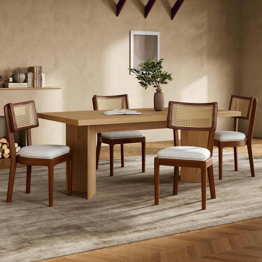 4 Solid Wood Dining Chairs With Rattan Backrests, Comfortable And Breathable, Suitable For Dining Room, Living Room, Cafe, Modern Style, Linen, Walnut, 50 X 58 X 88 Cm - Brown - View 1