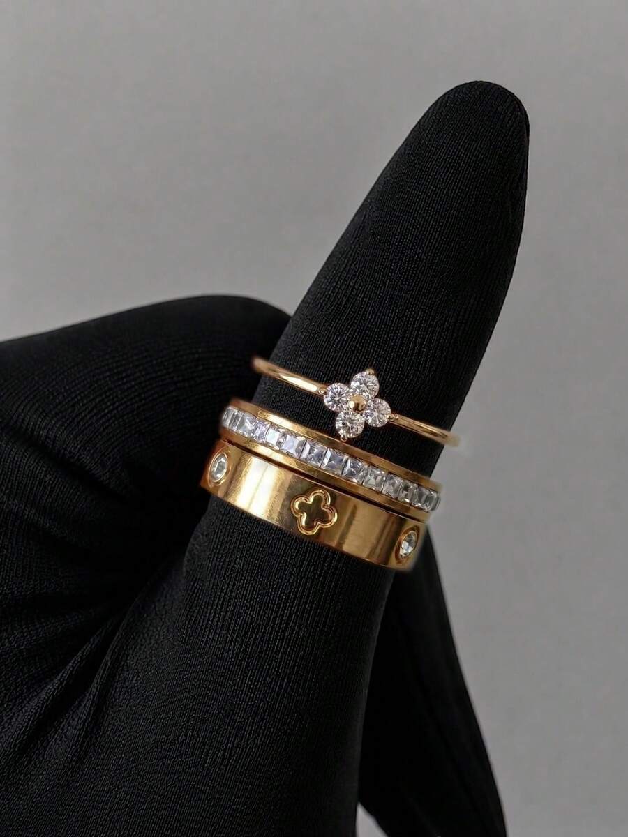 3Pcs Fashion Stainless Steel 18K Gold Plated Four-Leaf Clover Ring Set, Luxury Non-Fading Hoop Rings For Women, Elegant Waterproof Jewelry, Suitable For Women's Daily Wear, Gift Giving