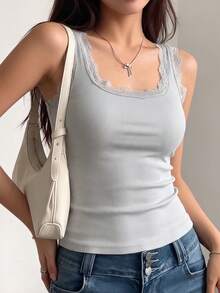 1pc Grey Sexy Lace Trim U-Neck Ribbed Tank Top Women Slim Fit Sleeveless Base Layer - Grey - View 5